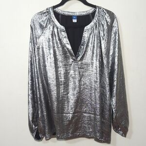 Old Navy Metallic Blouse Silver Peasant Sleeve Futuristic Y3K Women's Size XXL